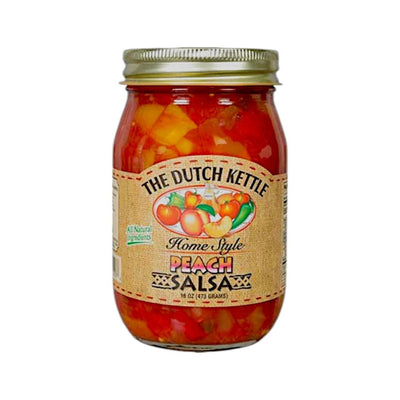 The Dutch Kettle Peach Salsa comes in a 16 oz. glass jar. 