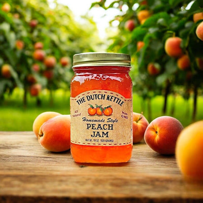 Peach flavored Dutch Kettle Amish Homemade Style Jams. Made with 100% fresh peaches