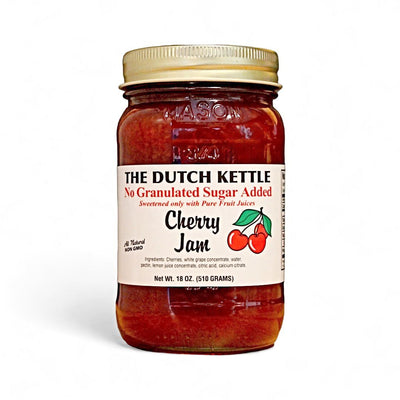 The Dutch Kettle' No Granulated Sugar Added Cherry Jam in an 18oz jar is available for online purchase only at Harvest Array. 