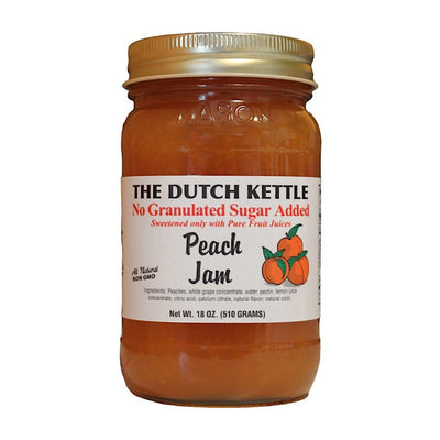 The Dutch Kettle' No Granulated Sugar Added Peach Jam in an 18oz jar is available for online purchase only at Harvest Array. 