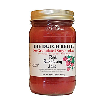 The Dutch Kettle' No Granulated Sugar Added Red Raspberry Jam in an 18oz jar is available for online purchase only at Harvest Array. 