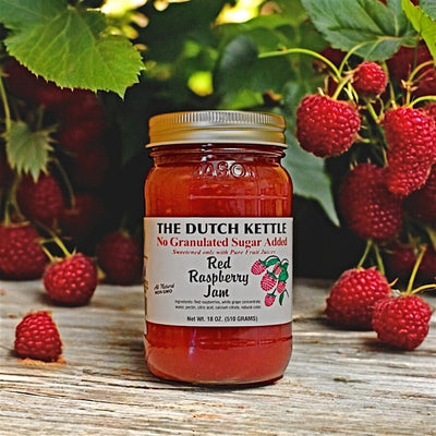 The Dutch Kettle' No Granulated Sugar Added Red Raspberry Jam is available for online purchase only at Harvest Array. 