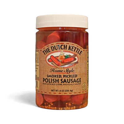 The Dutch Kettle Home Style Smoked and Pickled Polish Sausage is made with beef and pork and packaged in 8 oz. jars. Order online today from Harvest Array.