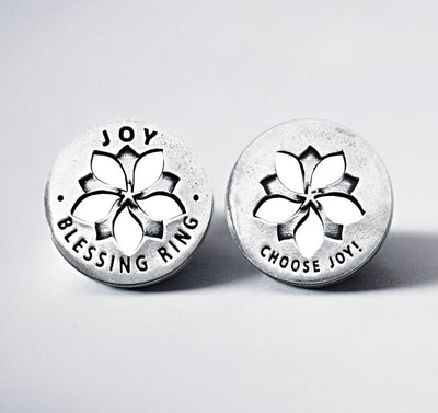 Choose Joy Pewter Blessing Ring Charm. Front says "Joy Blessing Ring" Back says "Choose Joy!" Purchase online at harvestarray.com.