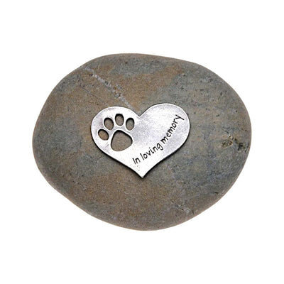 This Rock is approximately 2.5 - 3 inches in diameter. Heart with Paw Print Cutout is made of Eco-friendly recycled Pewter. Made in the USA.