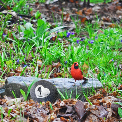 Thinking of You Gifts - Comforting Cardinal Memorial Keepsakes. Handcrafted pewter heart on a unique river rock.