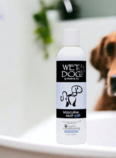 Detangle any matts in your dog's fur while moisturizing and protecting his coat and skin with Wet Dog Masculine Mutt Conditioner. Made in the USA.