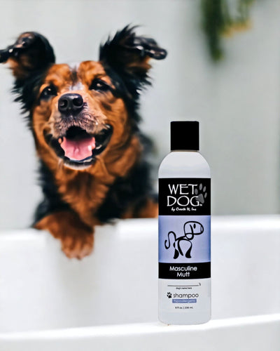 Wash your fur buddy with USA made Wet Dog Masculine Mutt Shampoo. He will look and smell great.