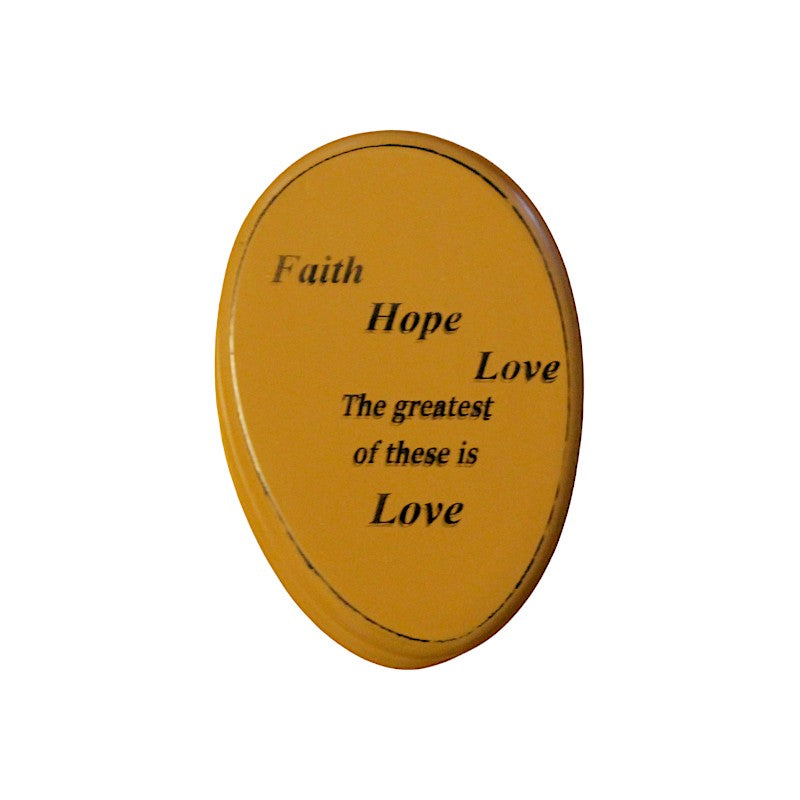 "Faith Hope Love The greatest of these is Love" is written on this light brown wooden marble towel holder . Order today from Harvest Array.