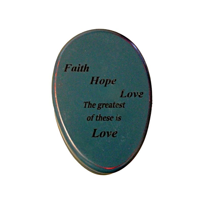 "Faith Hope Love The greatest of these is Love" is written on this blue/green wooden marble towel holder . Order today from Harvest Array.