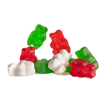 Little pile of loose, bulk, Albanese Christmas Gummi Bears. Green Apple. Wild Cherry, and Strawberry Banana flavors.