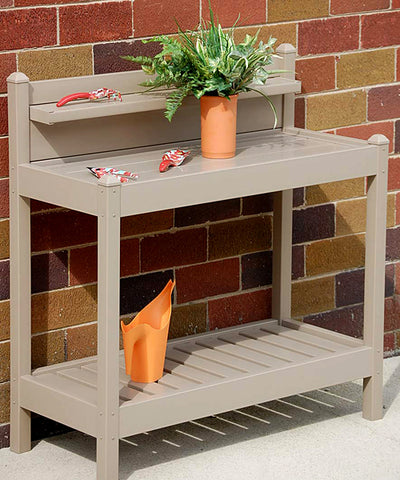 Mocha Potting Bench with 3 Shelves in use