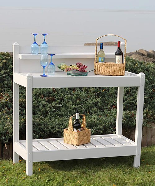 Potting Bench with 3 Shelves on the yard shown in white