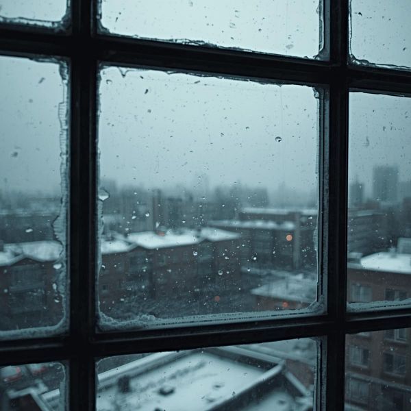 A winter scene of a dreary, snowy day in a city. The view is from looking out through a window