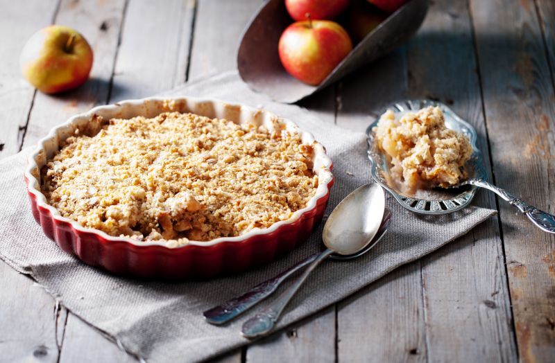 An apple crisp made from Halladay's Apple Crisp Mix