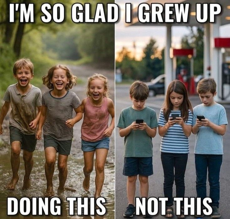 Nostalgic photo of kids Playing Outside vs. Kids outside looking at phones