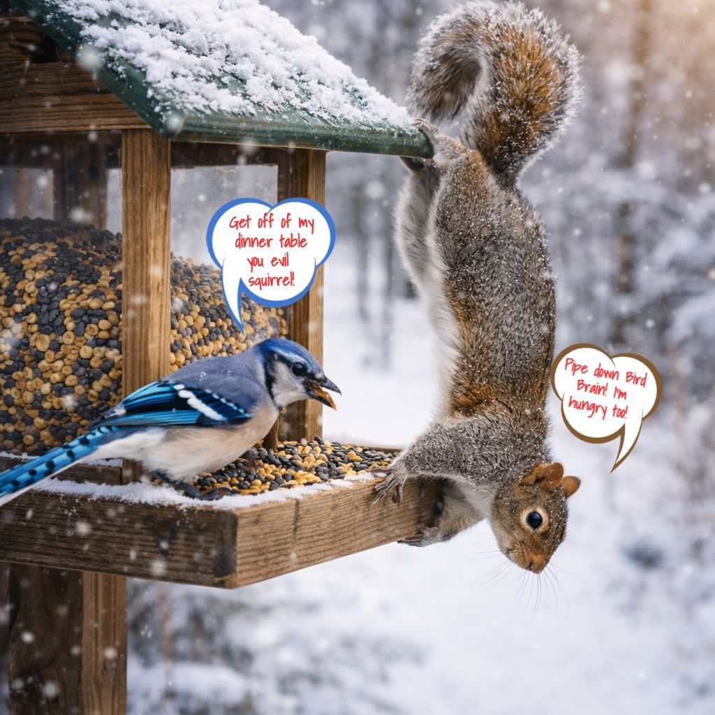 Bird and Squirrel Squabble over food in winter