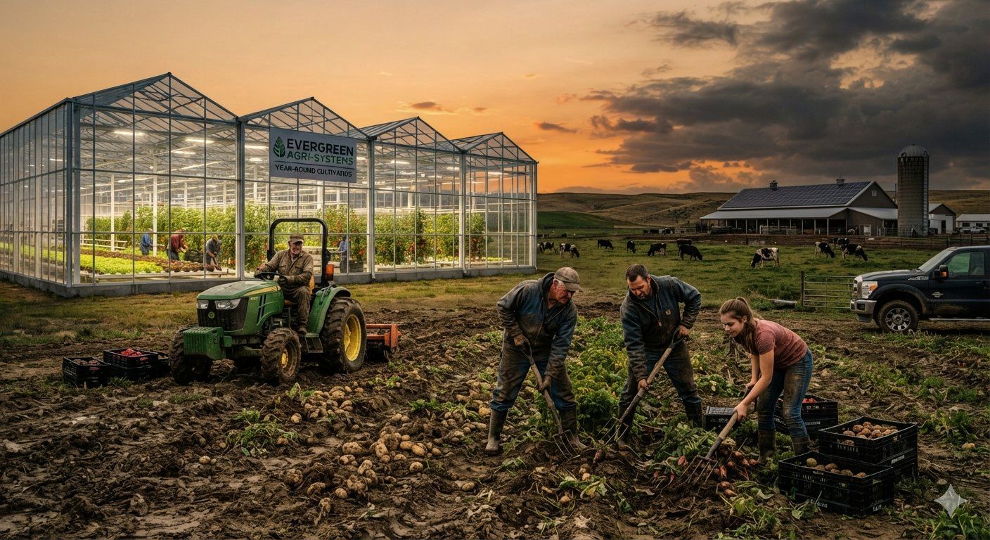 Modern day farm with greenhouses, livestock, and outdoor farmers working hard in unfavorable weather.