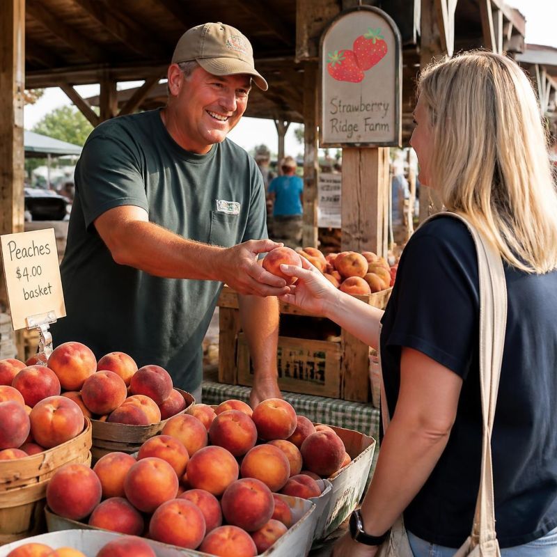 Farmer selling peaches at a Farmer's Market